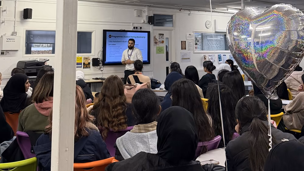 Sixth formers listening to a Youth Startups talk in a classroom.